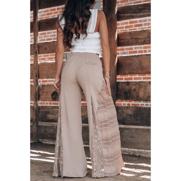 POL Mocha Latte Stretch Knit Lace Panel Wide Leg Pants - Picture 5 of 14